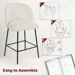 Set of 2 Counter Height Barstools, Upholstered Linen Bar Stools with Backrest, Footrest and Steel Legs, Dark Grey