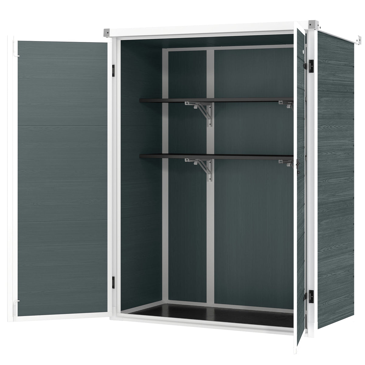 Outdoor 4.4' x 2.3' Plastic Storage Shed with Lockable Doors and Foldable Shelves, Wood-Effect Garden Shed, Grey