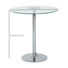 Round Dining Table, Modern Pub Table with Tempered Glass Top, Galvanized Metal Base, Small Dining Table, Silver