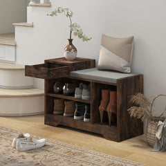 Upholstered Shoe Storage Bench, Hallway Shoe Storage with Seat, Drawer, 3 Open Shelves for Entryway, Grey