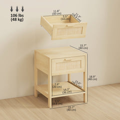Narrow Nightstand with Rattan Elements, Bedside Table with Drawer and Storage Shelf for Bedroom, Natural