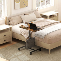 Height Adjustable Standing Desk, Pneumatic Sit Stand Desk with Wheels and Headphone Hook, Grey Wood Grain