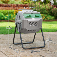 43 Gallon (160L) Tumbling Compost Bin Outdoor Dual Chamber 360° Rotating Composter with Sliding Doors, Solid Steel Frame and Gloves, Black