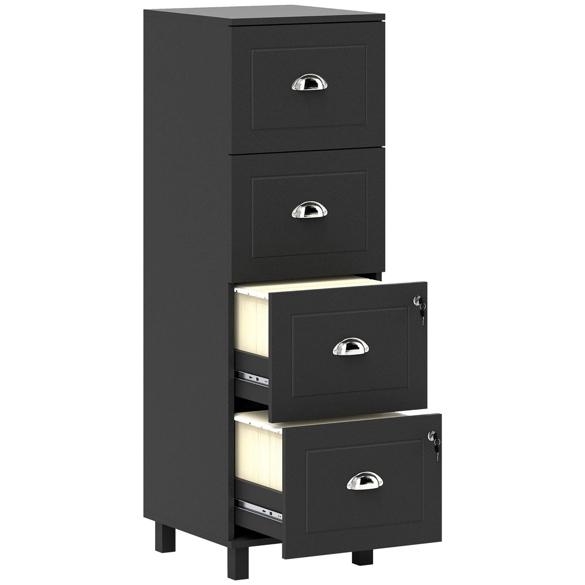 4 Drawer File Cabinet with Lock, Office Filing Cabinet, A4 Letter Size, Hanging File Folders, Black