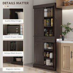 71" Freestanding Kitchen Pantry with 4 Doors and 2 Cabinets, Tall Storage Cabinet for Kitchen, Distressed Black