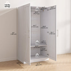 Wardrobe Cabinet with Hanging Rod, Anti-Tipping and 2 Barn Doors, Farmhouse Wardrobe Closet for Bedroom, White Wood Effect