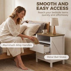 Modern Nightstand with 2 Fluted Drawers, Bedside Table with Open Storage Shelf, Anti-tipping Design, White and Walnut