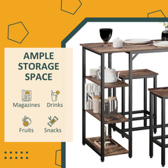 Industrial Dining Table Set for 2, Bar Table and Stools Set, Counter Height Kitchen Table with Chairs with Storage Shelf, Rustic Brown