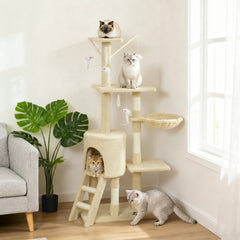 53" Cat Tree Tower, Kitten Activity Centre with Scratching Posts, Condo, Perches, Ladder, Hammock, Dangling Toys, Grey