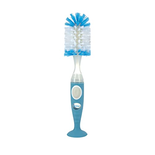 Nuby Easy Clean Dispensing Soft and Durable Bristle Bottle Brush with Textured Handles and Suction Base, 2 in 1 System, Blue