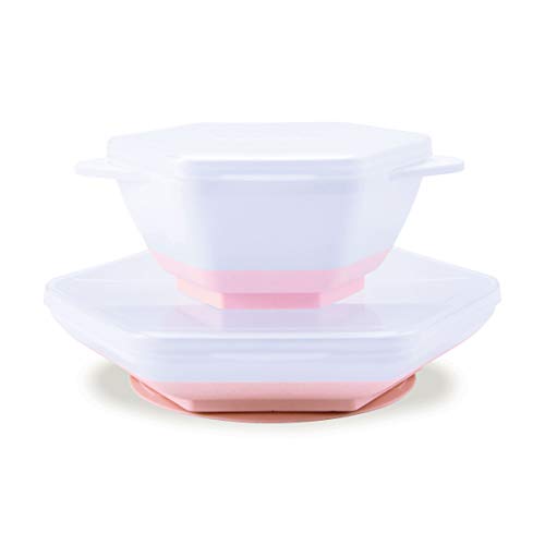 Tiny Twinkle Grow with Me Feeding Set - Baby Plates and Bowls Set with Interchangeable Suction Base & Clear Lid, Baby Led Weaning Supplies for 6 Months Onwards, Easy Clean Toddler Feeding Set (Pink)