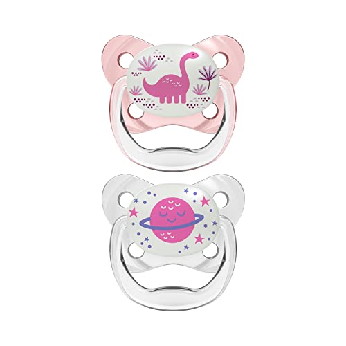 Dr. Brown's PreVent Pacifiers – Glow-In-The-Dark, Stage 2, 6-18 months, 2 Pack, Pink Dinosaur and Planet