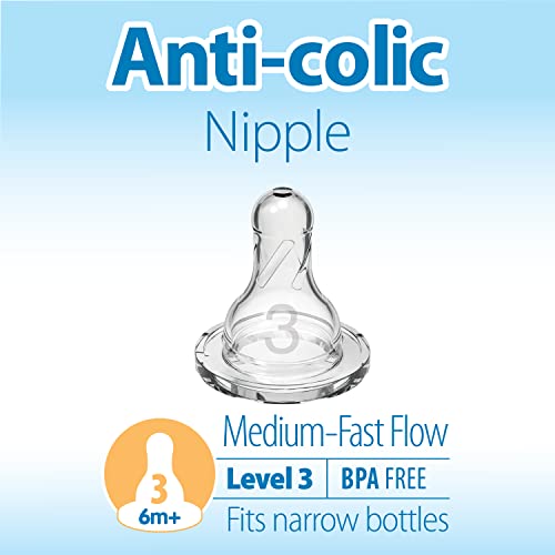 Dr. Brown's Natural Flow Level 3 Narrow Baby Bottle Silicone Nipple, Medium-Fast Flow, 6m+, 100% Silicone Bottle Nipple, clear, 6 Count (Pack of 1)