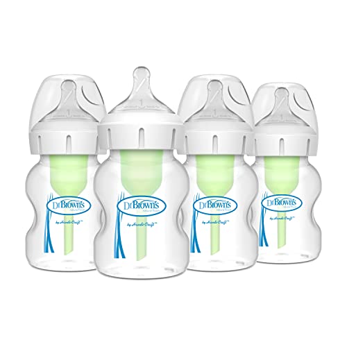 Dr. Brown’s Natural Flow Anti-Colic Options+ Wide-Neck Baby Bottles 5 oz/150 mL, with Level 1 Slow Flow Nipple, 4 Pack, 0m+
