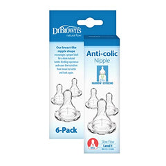 Dr. Brown's Natural Flow Level 1 Narrow Baby Bottle Silicone Nipple, Slow Flow, 0m+, 100% Silicone Bottle Nipple, 6 Pack