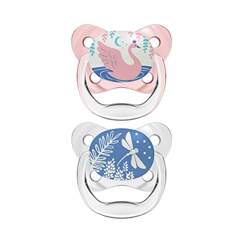 Dr. Brown's PreVent Pacifiers – Glow-In-The-Dark, Stage 1, 0-6 months, 2 Pack, Pink Swan and Dragonfly