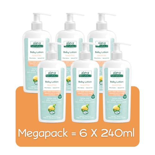 Aleva Naturals Baby Lotion Face + Body Moisturizer - For Sensitive Dry Skin, Face and Body Lotion, Made with Natural and Organic Ingredients, for Babies and Toddlers, Mega Pack- 6x240ml = 1.440L, White