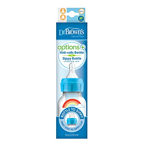 Dr. Brown's Options+ Narrow Bottle to Sippy Baby Bottle Start Kit, Single, Blue, 8 Ounce