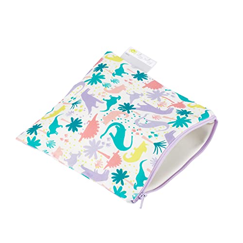 ITZY RITZY Reusable Snack Bag – 7” x 7” BPA-Free Snack Bag is Food Safe, Washable and Ideal for Storing Snacks, Pacifiers, Electronics and Makeup in a Diaper Bag, Purse or Travel Bag, Purple Dinosaur