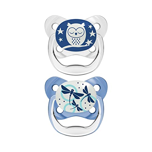 Dr. Brown's PreVent Pacifiers – Glow-In-The-Dark, Stage 1, 0-6 months, 2 Pack, Blue Owl and Dragonflies