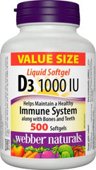 Webber Naturals Vitamin D3 1,000 IU, 500 Softgels, For Healthy Bones, Teeth, and the Maintenance of Good Health, Gluten and Diary Free, Non-GMO