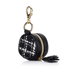 Itzy Ritzy Pacifier Case with Clip, ‘The Kelly’ Charm Pod Includes Clasp to Easily Attach to a Diaper Bag or Purse, Measures 2.5” in Diameter and Holds 2 Pacifiers, Black & White Tweed