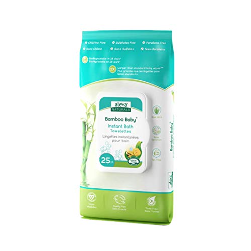 Aleva Naturals Hypoallergenic Bamboo Baby Instant Bath Towelettes Wipes for Babies and Toddlers with Sensitive Skin, Natural and Organic Formula, Biodegradable, Extra Large and Ultra-Soft - 25 Count