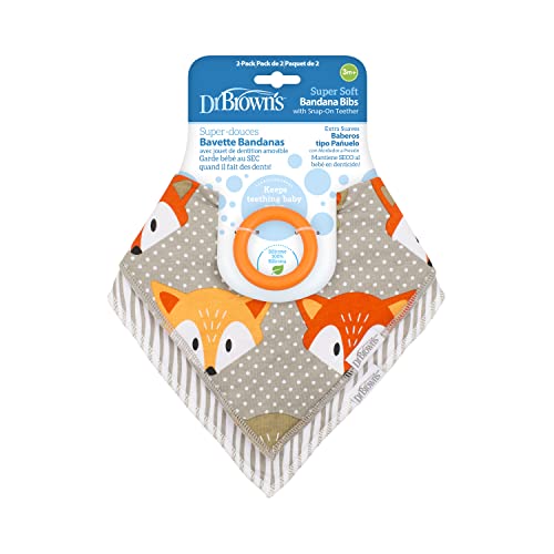 Dr. Brown’s Bandana Bib with Snap-on Teether, 2 Pack, Fox/Stripes