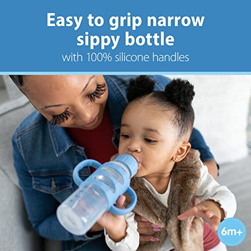 Dr. Brown’s Milestones Narrow Sippy Bottle with 100% Silicone Handles, Easy-Grip Bottle with Soft Sippy Spout, 8oz/250mL, 6m+, Light-Blue and Gray, 2-Pack, BPA free