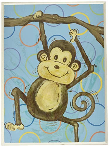 The Kids Room by Stupell Lil Buddy Monkey on Blue with Circles Rectangle Wall Plaque