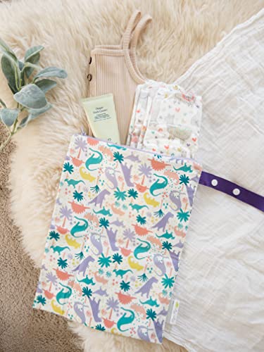 Itzy Ritzy Sealed Wet Bag with Adjustable Handle – Washable and Reusable Wet Bag with Water Resistant Lining Ideal for Swimwear, Diapers, Gym Clothes & Toiletries; Measures 11” x 14”, Darling Dinos