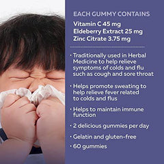 Nature's Way Sambucus Immune Cold and Flu Care Elderberry Gummies with Vitamin C and Zinc - Immune Support for Kids 4+, 60 Gummies