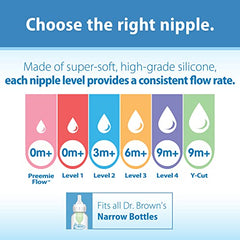 Dr. Brown's Natural Flow Preemie Flow Narrow Baby Bottle Silicone Nipple, Slowest Flow, 0m+, 100% Silicone Bottle Nipple, 6 Pack