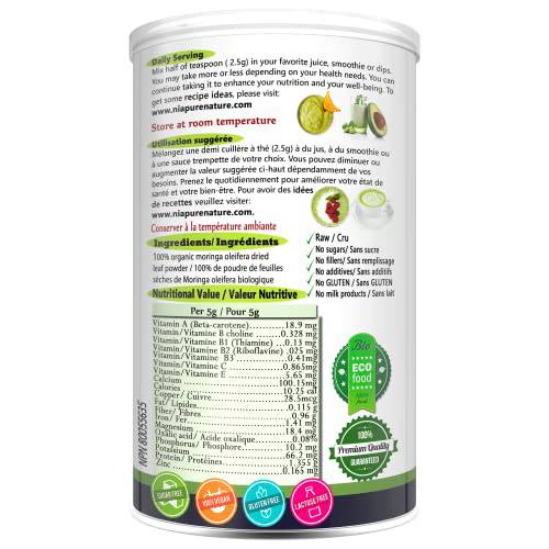 Nia Moringa - 100% Organic Moringa Oleifera Leaf Powder, 227g - Organic Moringa Powder - Nutrious Supefood Powder - Nutrient-Rich, Essential Vitamins, Minerals and Antioxidant Supplement - Vegan