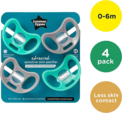 Tommee Tippee  Advanced Sensitive Skin Soother, Unique Shield for Less Skin Contact, Symmetrical Orthodontic Design, 0-6m, 4 Count