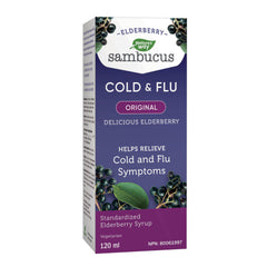 Nature's Way Sambucus Cold and Flu Care Original – Elderberry Syrup Used in Herbal Medicine to Help Relieve Symptoms (Coughs and Sore Throats) in Adults, 120 ml