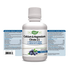 Nature's Way Calcium and Magnesium Citrate 2:1 - Liquid Supplement with Vitamin K2 and Collagen – Helps Support the Maintenance of Bones and Teeth – Blueberry Flavour, 500 mL